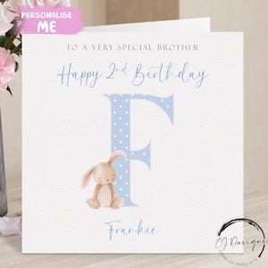 Cartão de aniversário personalizado para irmão, nome inicial e idade, cartão de felicitações de coelho, 1º, 2º, 3º, 4º, 5º, 6º, 7º, 8º, 9º, lembrança para ele