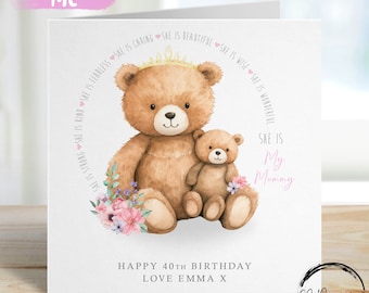 Carte d'anniversaire personnalisée maman ours de 5 enfants maximum, maman et bébé ours - Toutes les formules 21, 30, 40 50 60 70 80 90