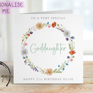 Cartão de aniversário personalizado para afilhada - Coroa de flores silvestres - Qualquer idade/nome, Cartão de felicitações 16, 18, 21, 30, 40, 50, 60, 70,