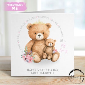 Tarjeta personalizada para el Día de la Madre con Nanny Bear de hasta 5 niños Nanny and Baby Bear (cualquier texto)