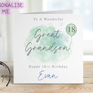 Carte d'anniversaire personnalisée d'arrière-petit-fils - Design vert/bleu avec ballon vert - Carte pour lui, tous âges et noms-30-40 ans 50, 60 et 70