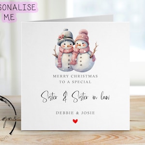 Carte de Noël personnalisée belle-soeur et belle-soeur - carte bonhomme de neige couple femme et coeur rouge