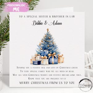 Carte de Noël personnalisée belle-soeur et beau-frère, carte de poème de couple bleu arbre de Noël avec noms, carte de couple de moi ou de nous