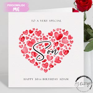 Carte d'anniversaire de fils personnalisée, coeurs rouges