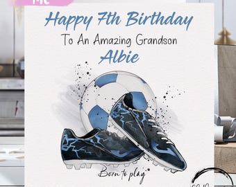 Cartão de aniversário personalizado para neto com futebol, cartão médio ou grande, nome e idade do neto incrível, amante de futebol, 5º, 6º, 7º, 8º, 9º, 10º, 11º