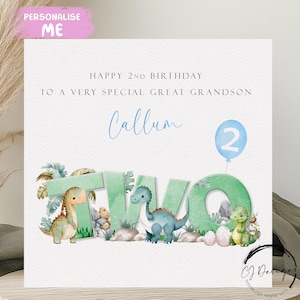 Deuxième carte d'anniversaire personnalisée pour arrière-petit-fils dinosaure Carte d'anniversaire verte et bleue - 2e anniversaire