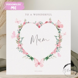 Personalisierte Mama Geburtstagskarte Rosa Blume & Schmetterling Herz Rahmen Jedes Alter 30.40.45.50.60.65.70.75.80.85.90.95.100