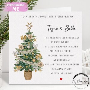 Gepersonaliseerde kerstkaart met gedicht voor dochter en vriendin - kerstkaart - kaart met boom vrouwelijk stel en rood hart en namen