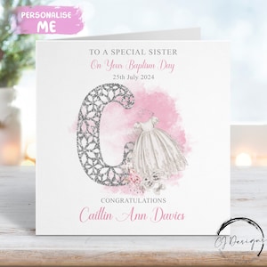 Tarjeta de bautizo personalizada para hermana, con inicial y fecha, recuerdo del día del bautizo.