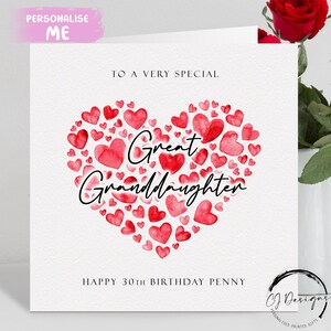 Biglietto di auguri di compleanno personalizzato per pronipote, cuori rossi QUALSIASI TESTO /ETÀ/Nome 14° 15° 16° 18° 21° 25° 30° 35° 40° 45° 50°