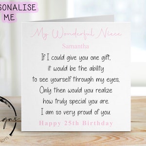 Carte d'anniversaire personnalisée nièce avec poème/citation voir à travers mes yeux, notre/mon 16 18 21 30 40 50