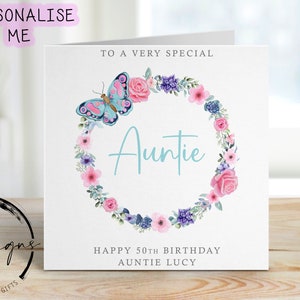 Carte d'anniversaire personnalisée tante - couronne de fleurs et de papillons - tout âge/nom, carte de voeux 21, 30, 40, 50, 60, 70 ans 80, 90 100