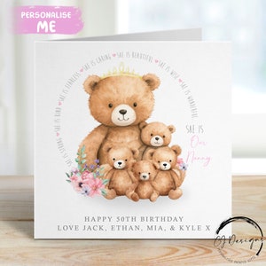 Carte d'anniversaire personnalisée nounou ours jusqu'à 5 enfants nounou et bébé ours - Toute formulation 40e 50e 60e 70e 80e 90e 100e
