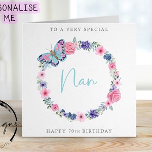 Cartão de aniversário personalizado Nan - guirlanda de borboletas florais - qualquer idade/nome, cartão de felicitações 30, 40, 50, 60, 70, 80, 90, 100