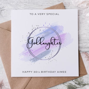 Cartão de aniversário personalizado para afilhada, parente especial, feliz aniversário, cartão de idade para ela 30, 40, 50 anos, qualquer idade, tema roxo