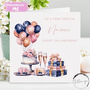 Carte d'anniversaire personnalisée pour nounou en or rose, rose, bleu, cadeau et ballons pour tout âge 40e 45e 50e 55e 60e 65e 70e 75e 80e 85e 90e 95e