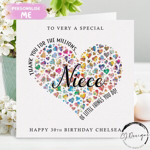 Carte d'anniversaire de nièce personnalisée - Merci pour les millions de choses que vous avez reçues - Tout âge16 ans 18 ans 21 ans 30 ans, 35 ans 40 ans 45 ans 50 ans, 60 ans, 70 ans