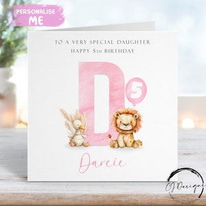 Cartão de aniversário personalizado para filha com inicial de leão e pato - nome e idade - para ela QUALQUER IDADE 1º 2º 3º 4º 5º 6º 7º 8º 9º 10º