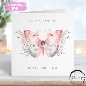 Carte de fête des mères grand-mère - Carte de voeux papillon rose et gris pour elle TOUT TEXTE