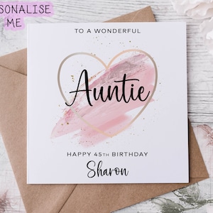 Carte d'anniversaire personnalisée pour tante avec coeur sur le thème rose et carte de visite pour elle des 30, 40, 50, 60, 70 et 80 ans
