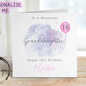 Biglietto di auguri di compleanno personalizzato per nipote - Design blu/rosa con palloncino rosa - Biglietto per lei, qualsiasi età e nome - 16°, 18°, 30°, 40°, 50°