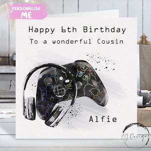 Cartão de aniversário personalizado Cousin Gamer, cartão médio ou grande, nome e idade do jogador 6º, 7º, 8º, 9º, 10º, 11º, 12º, 13º, 14º, 15º, 16º, 17º, 18º