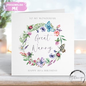 Grande carte d'anniversaire personnalisée pour nounou - Couronne de fleurs - coccinelles et papillons TOUT TEXTE 50e 60e 70e 80e 90e 100e 75e 65e