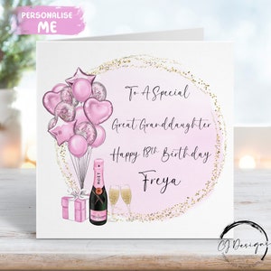 Cartão de aniversário personalizado para bisneta - tema rosa e dourado com balões Qualquer idade 14, 15, 16, 17, 18, 19, 20, 21, 30, 40