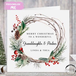 Personalisierte Enkelin & Partner Weihnachtskarte - Paar Weihnachtskranz mit Namen