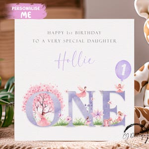 Carte d'anniversaire personnalisée pour fille pour le premier anniversaire de la fée violette - 1er anniversaire de petite fille