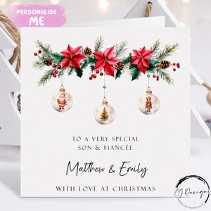 Personalisierte Weihnachtskarte für Sohn & Verlobte - Paar Weihnachtsgirlande und Kugeln mit Namen