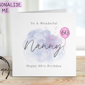 Carte d'anniversaire personnalisée pour nounou - Design bleu/rose avec ballon rose - Carte pour elle, tous âges et noms 50e 60e 70e 80e 90e