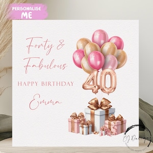 Fabuleuse carte d'anniversaire personnalisée pour 40 ans, tout âge/nom, ballons numérotés roses et or rose Quarante 30e 50e 60e 70e 80e 90e