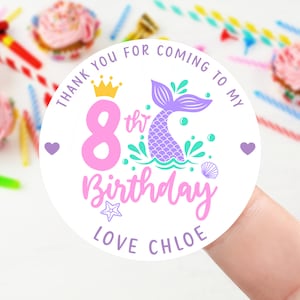 Stickers d'anniversaire personnalisés - Sticker de remerciement pour sac de fête d'anniversaire sirène - Stickers cône prénom et âge 37 mm/45 mm/51 mm/64 m