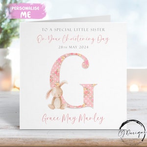 Biglietto di auguri personalizzato per il battesimo della sorellina, biglietto di auguri con iniziale, nome e data, coniglietto, ricordo del giorno del battesimo per lei