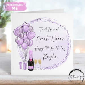 Cartão de aniversário personalizado para sobrinha-neta, tema roxo, balões, qualquer idade, 11, 12, 13, 14, 15, 16, 17, 18, 21, 30, 40, 50, 60, 70