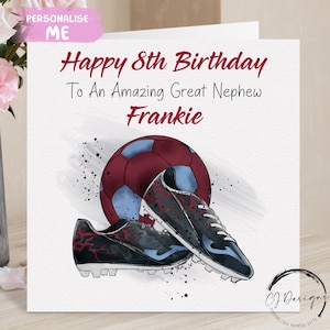 Cartão de aniversário personalizado para sobrinho-neto de futebol, cor bordô e azul, cartão pequeno ou grande, nome e idade para amantes de futebol, 5º, 6º, 7º, 8º, 9º e 10º anos