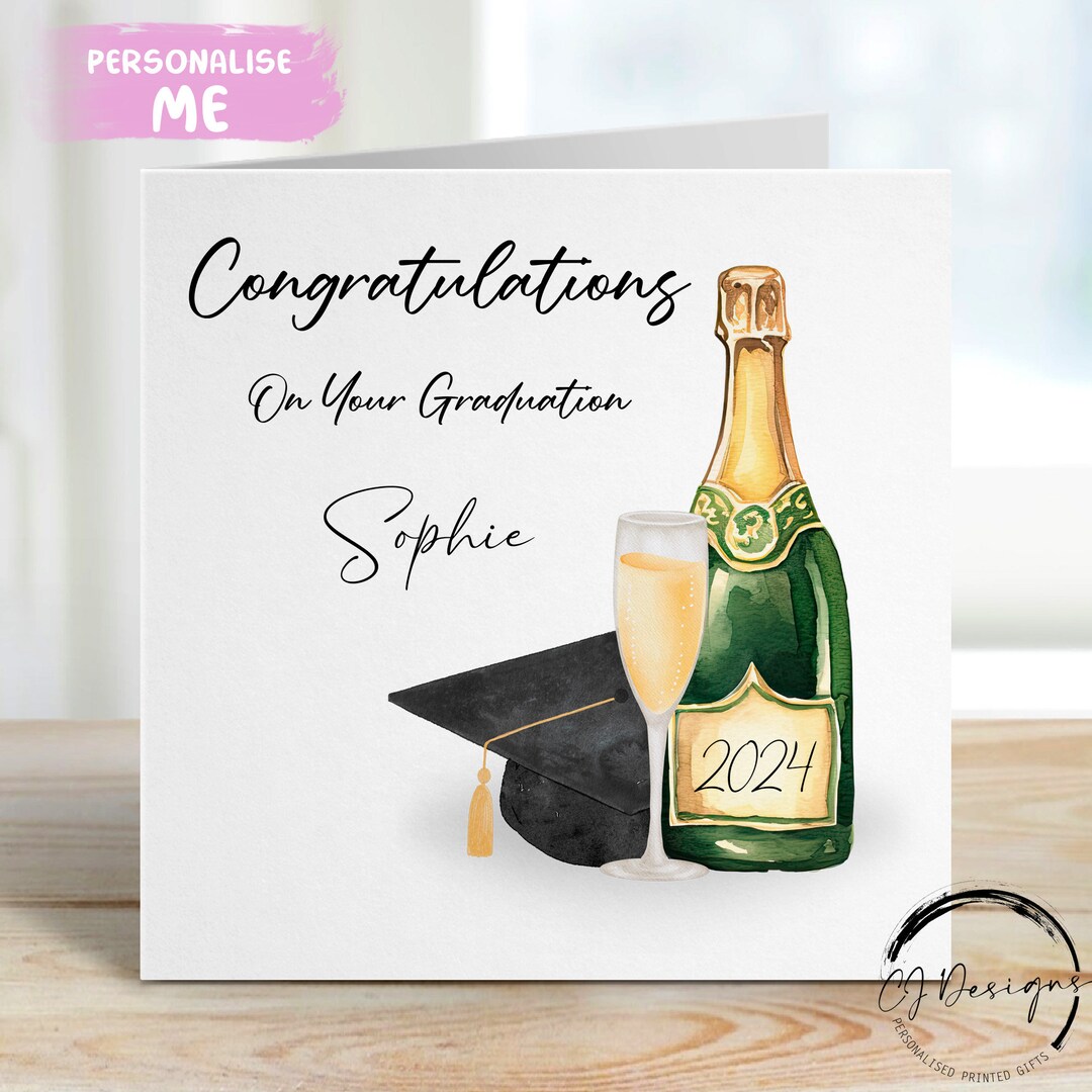 Personalised Graduation Card- Cap and Champagne Bottle & Glass With Any ...