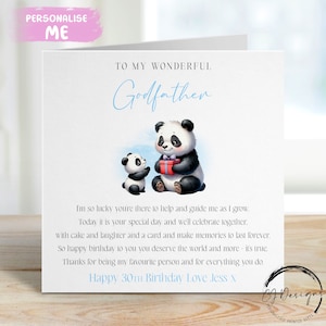 Tarjeta de cumpleaños personalizada del padrino con poema - Lindo bebé panda Nombre/EDAD - CUALQUIER TEXTO 25, 30, 40, 50, 60, 65, 70, 75, 80, 85