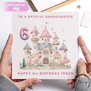 Carte d'anniversaire personnalisée pour filleule, ballon rose de l'âge du château 1er 2e 3e 4e 5e 6e 7e 8e 9e 10e Petite fille 1-10 ans