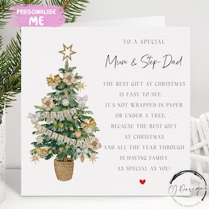 Carte de Noël poème poème maman et beau-père - carte de Noël des parents - carte de couple arbre et coeur rouge