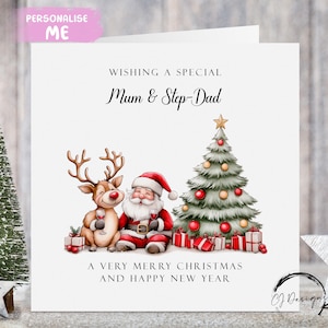 Carte de Noël pour maman et beau-père - Carte pour couple parents père Noël et rennes ivres