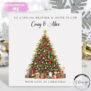 Carte personnalisée de Noël pour couple beau-frère et belle-sœur carte cadeau sapin de Noël décoré vert et cadeau