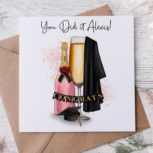 Gepersonaliseerde afstudeerkaart Gefeliciteerd, je bent geslaagd: champagnefles, dop en jurk Grote of kleine kaart goud, roze of zilver