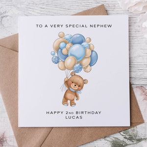 Cartão de aniversário personalizado para sobrinho, ursinho de pelúcia e balões azuis, cartão com nome e idade para ele