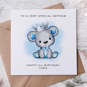 Gepersonaliseerde speciale verjaardagskaart neefje - grijze en blauwe teddybeer aangepast met naam en leeftijdskaart voor haar 1e 2e 3e 4e 5e 6e