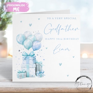 Tarjeta de cumpleaños personalizada del padrino Diseño azul pálido Regalos y globos Cualquier edad 21, 30, 35, 40, 45, 50, 60, 65, 70, 80, 90
