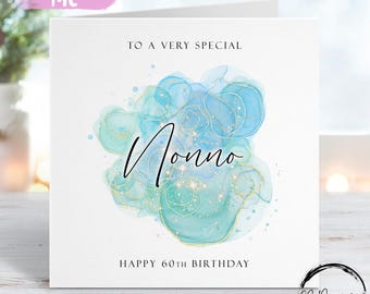 Tarjeta de cumpleaños para abuelo personalizada con diseño de salpicaduras en azul, verde y dorado para cualquier edad o texto.