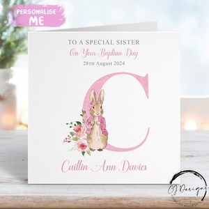 Personalisierte Peter Rabbit Schwester Taufe Karte, Anfang Name und Datum Grußkarte, Taufe Tag Andenken Mädchen Flopsie