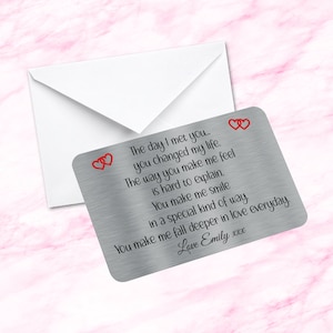 Cartão de carteira de metal personalizado, lembrança sentimental, o dia em que conheci você, citação, presente de noivo, marido, esposa, namorado, namorada, presentes